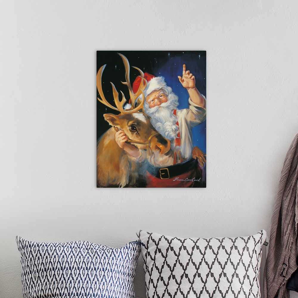 A bohemian room featuring Portrait of Santa Claus talking to a reindeer.