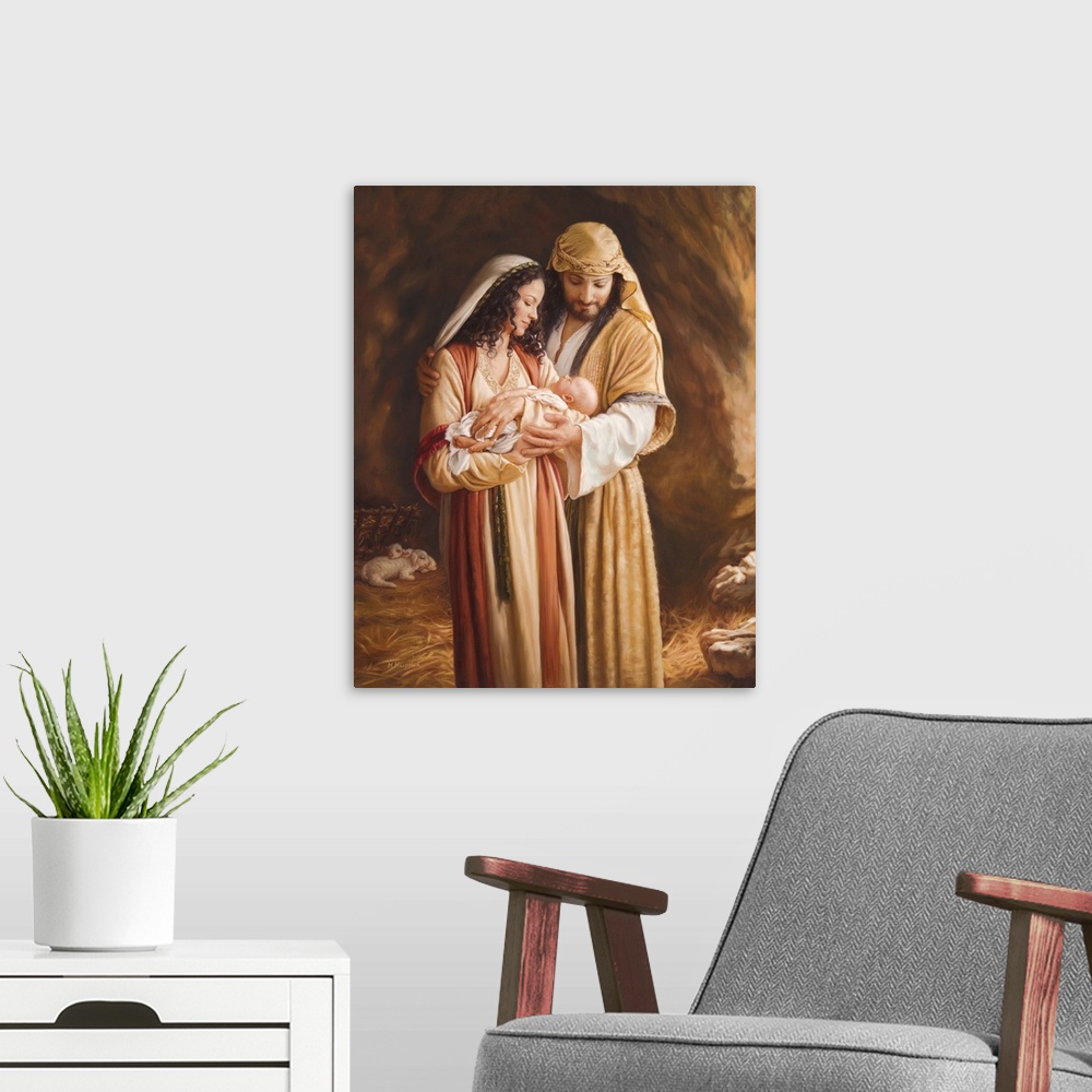 A modern room featuring Nativity with Mary, Joseph and Jesus.