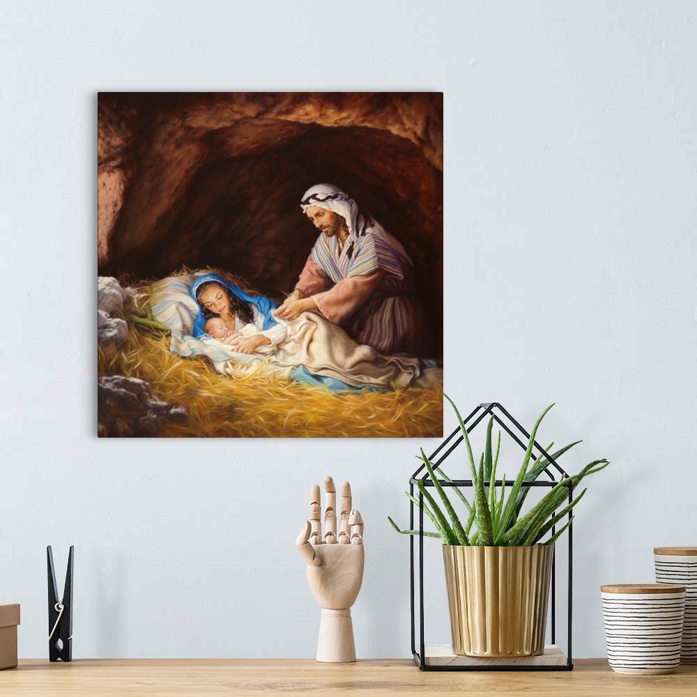 A bohemian room featuring Nativity with Mary, Joseph and Jesus.