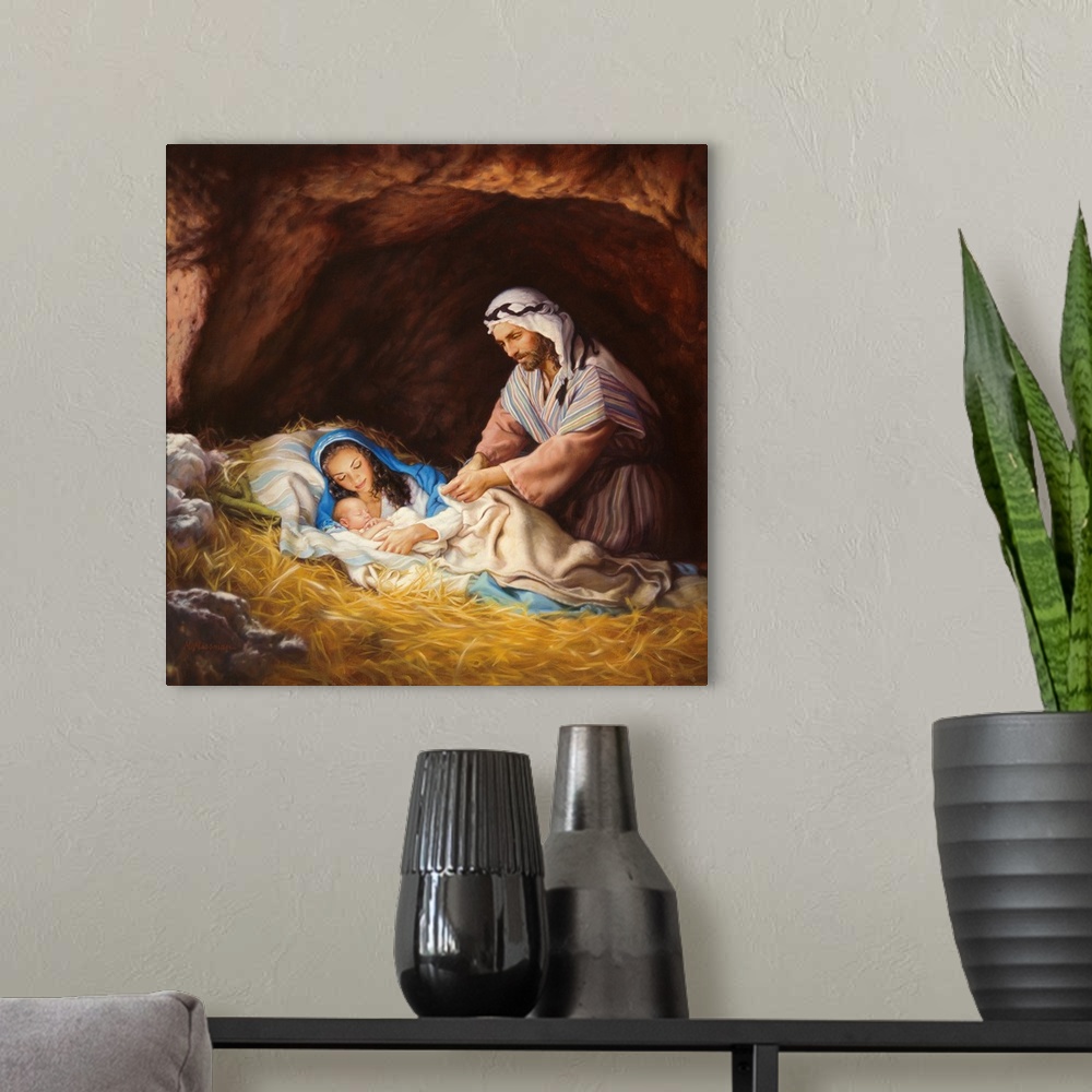 A modern room featuring Nativity with Mary, Joseph and Jesus.