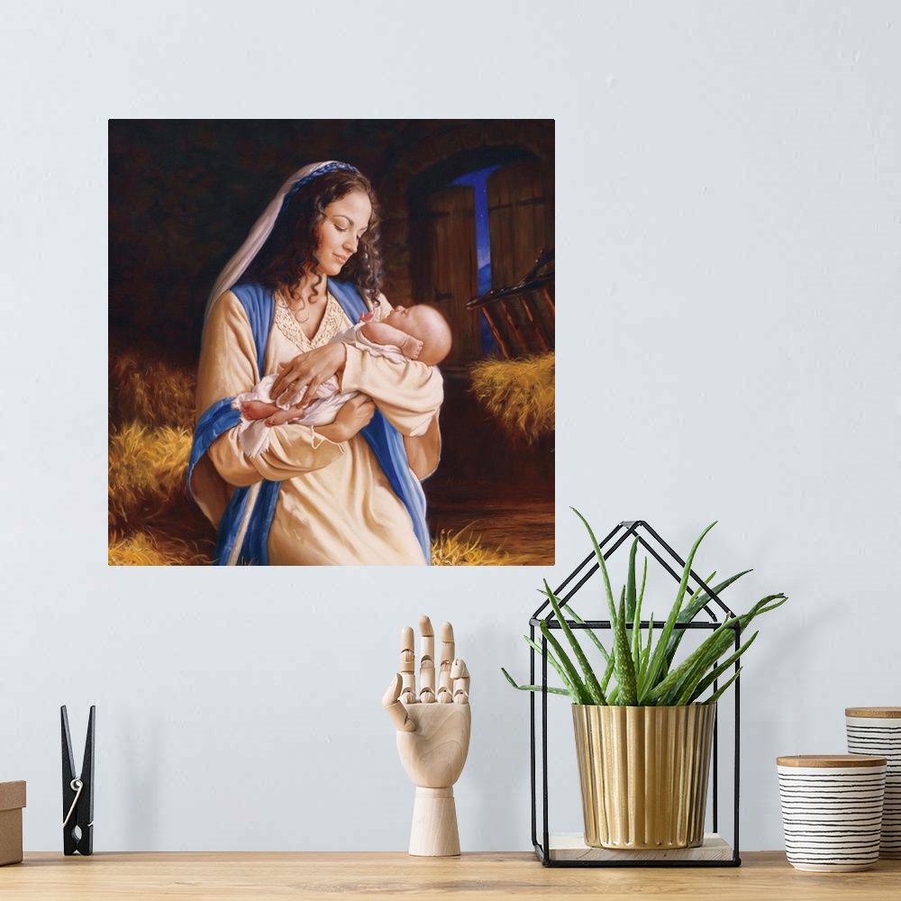 A bohemian room featuring Religious  painting of a woman holding a baby.