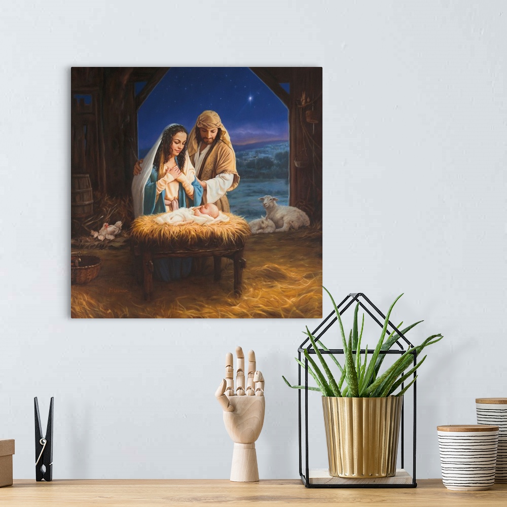 A bohemian room featuring Nativity featuring Mary, Joseph and Christ child.