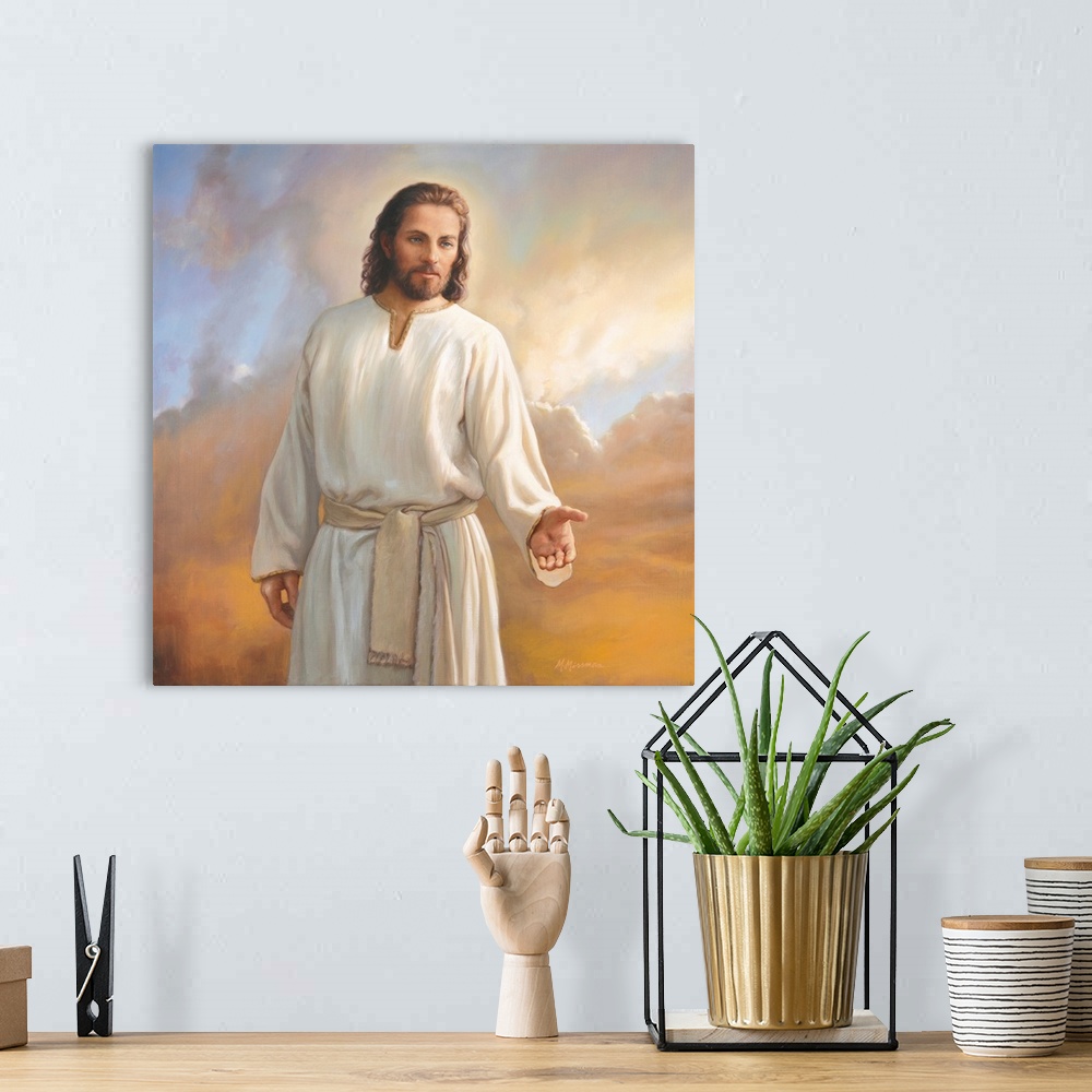 A bohemian room featuring Christ showing the scares in his hands.