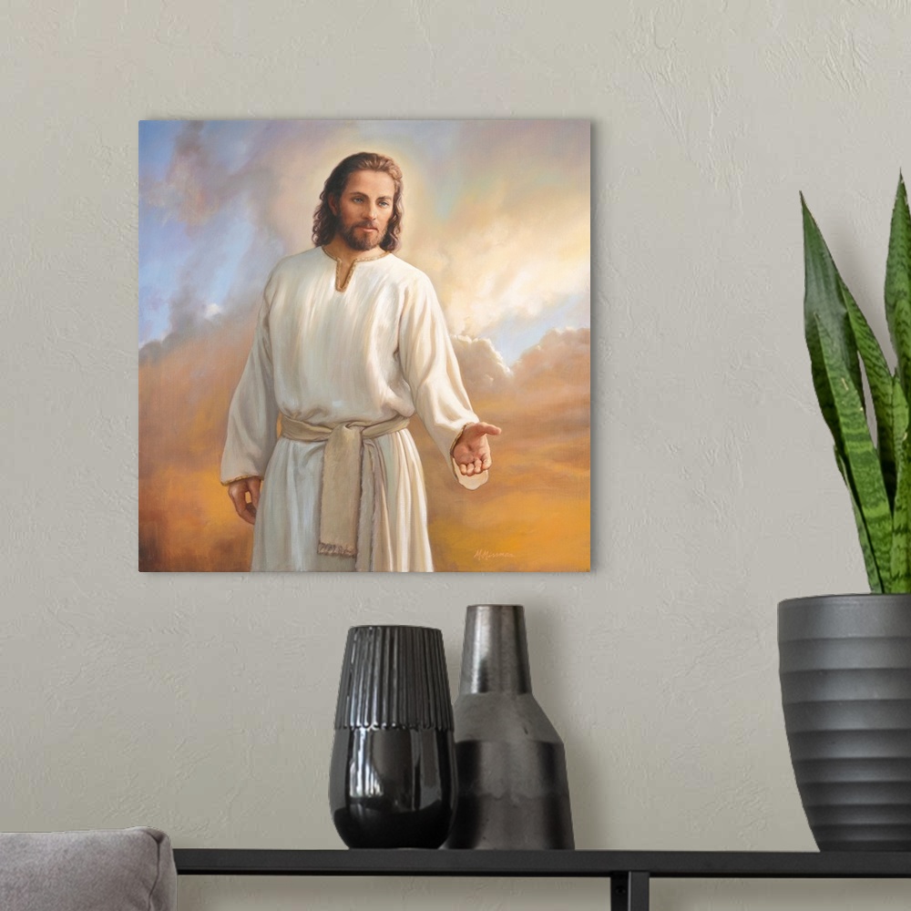 A modern room featuring Christ showing the scares in his hands.