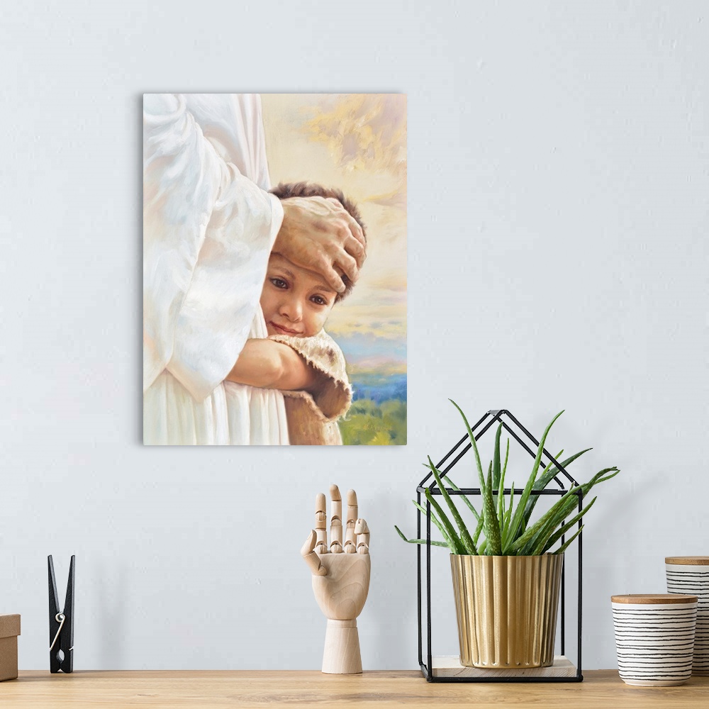 A bohemian room featuring Fine art painting of a child hugging Jesus with a colorful sunset in the background.