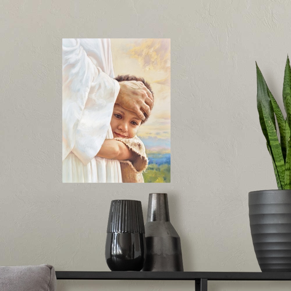 A modern room featuring Fine art painting of a child hugging Jesus with a colorful sunset in the background.
