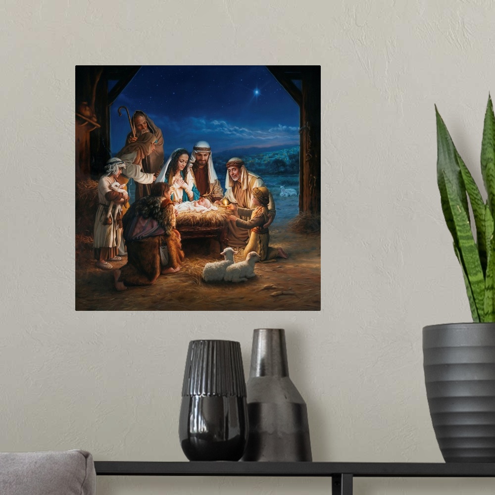 A modern room featuring Nativity with shepherds.