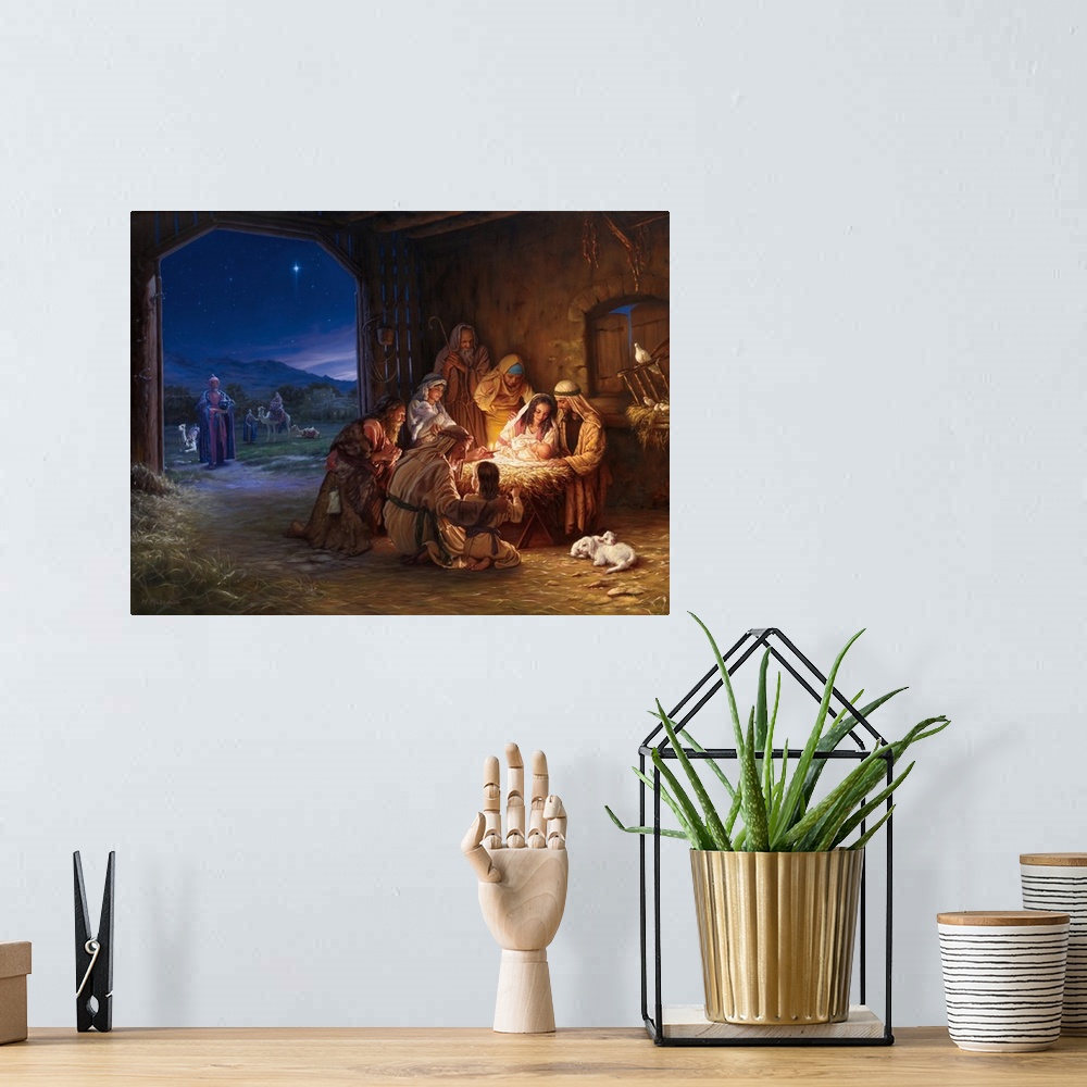 A bohemian room featuring Religious painting featuring the nativity scene as shepherds gather around the baby Jesus and the...