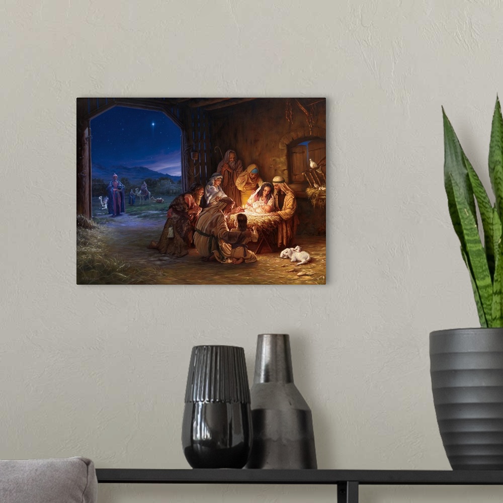 A modern room featuring Religious painting featuring the nativity scene as shepherds gather around the baby Jesus and the...