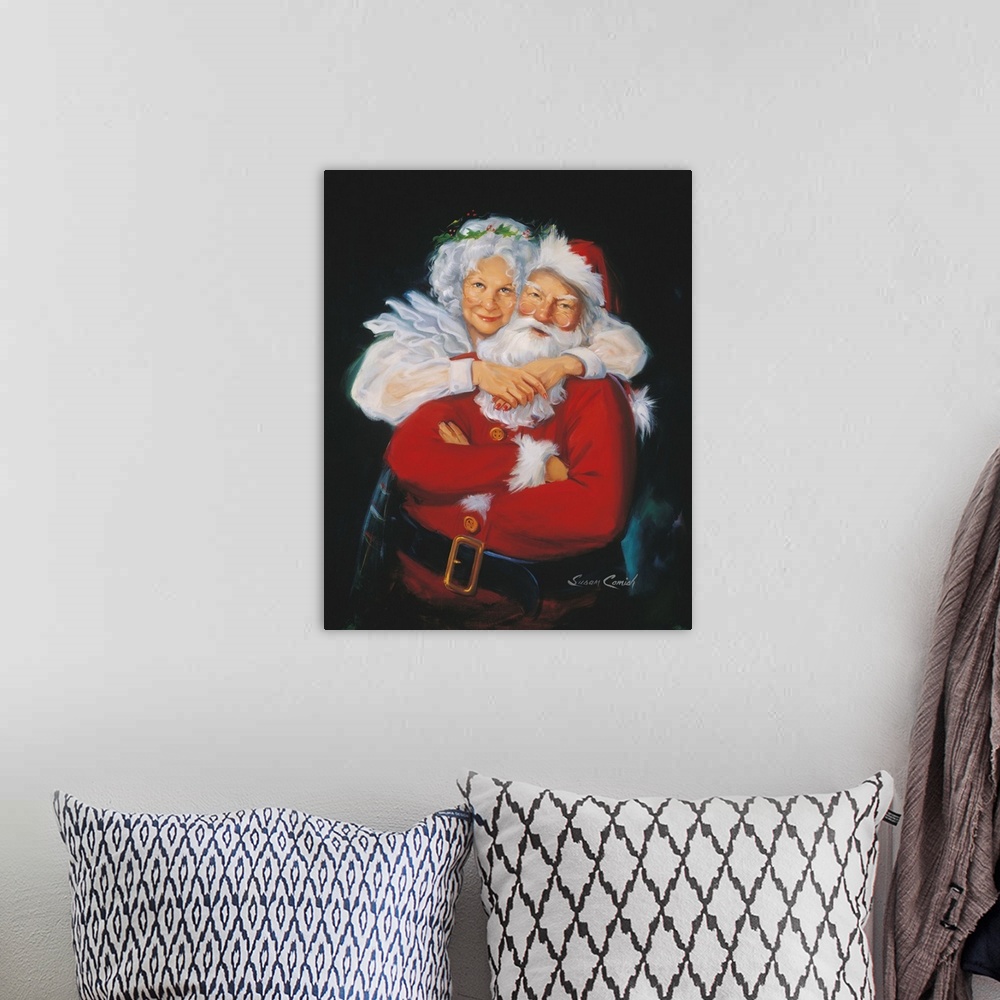 A bohemian room featuring Portrait of Mrs. Claus hugging Santa.