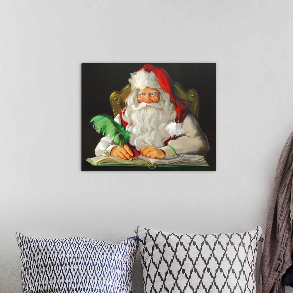 A bohemian room featuring Painting of Santa writing with a green feathered pen.