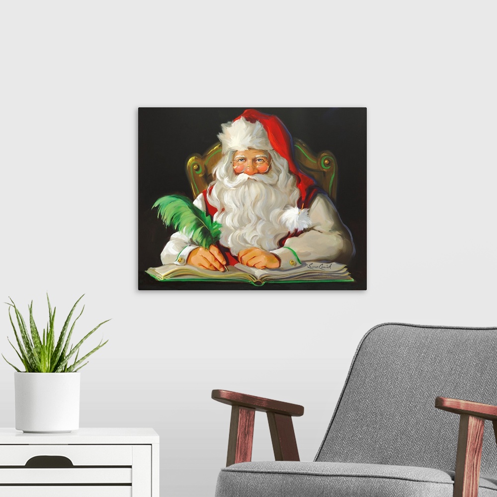 A modern room featuring Painting of Santa writing with a green feathered pen.
