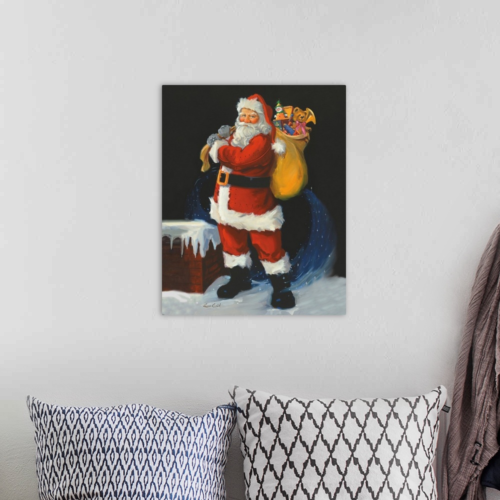 A bohemian room featuring Painting of Santa Claus holding a bag of toys.
