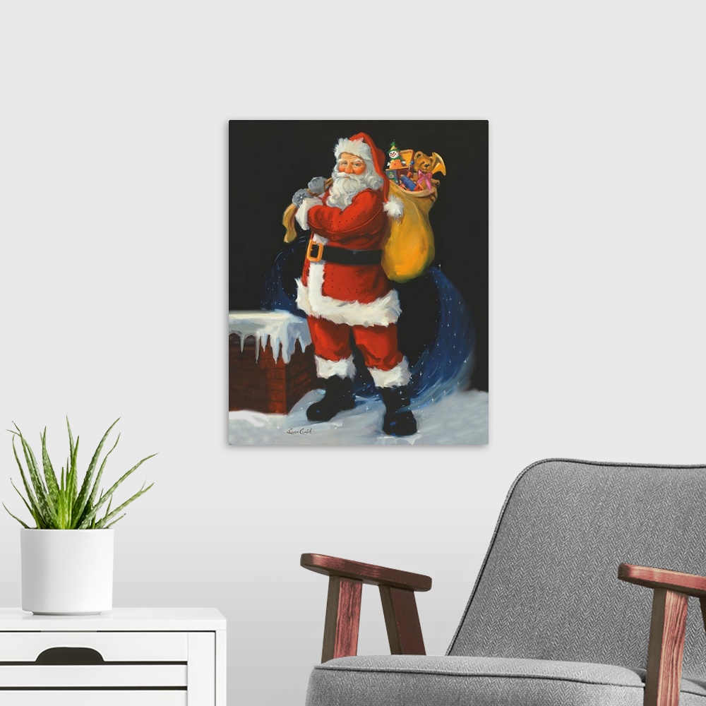 A modern room featuring Painting of Santa Claus holding a bag of toys.
