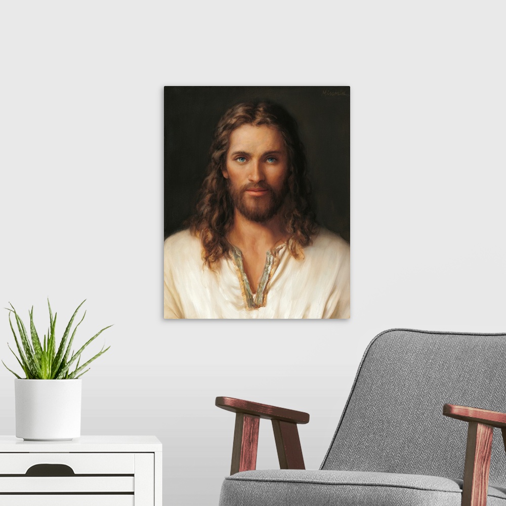 A modern room featuring Christ portrait.