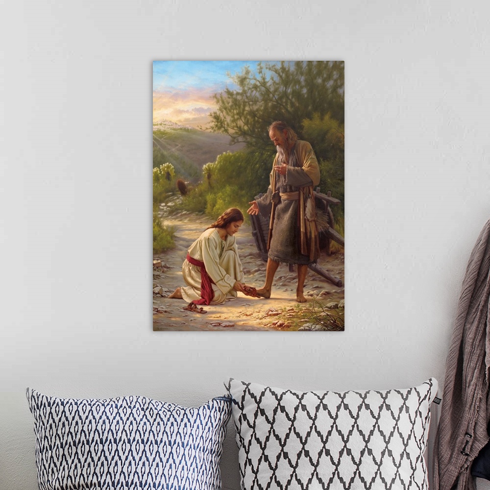 A bohemian room featuring Religious art of Jesus helping  a man put on his shoes with a sunset in the background.