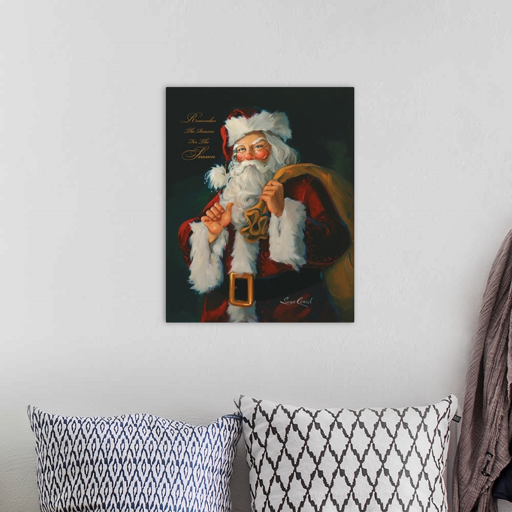 A bohemian room featuring Fine art painting of Santa Claus holding a bag.