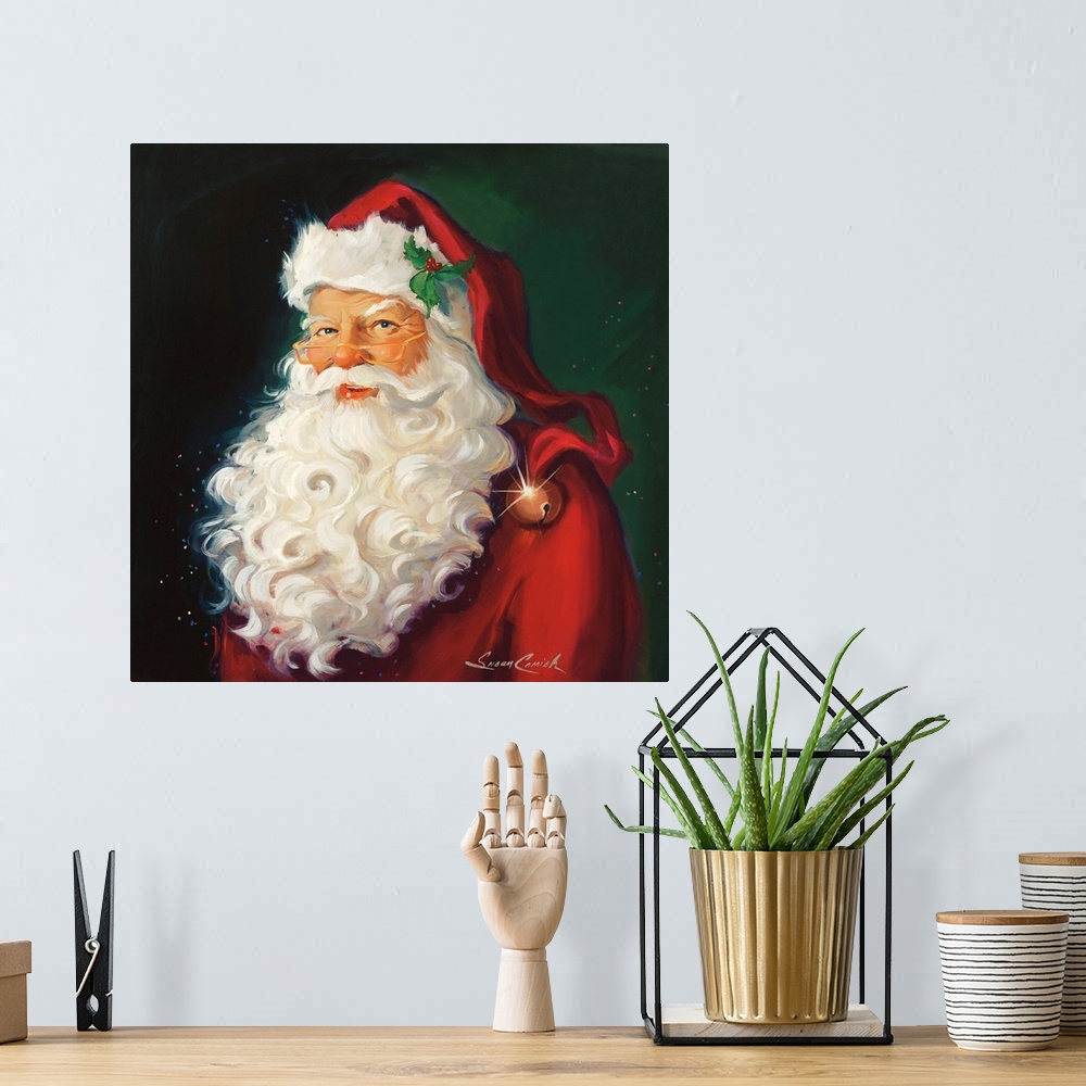 A bohemian room featuring Portrait of Santa with a white beard.