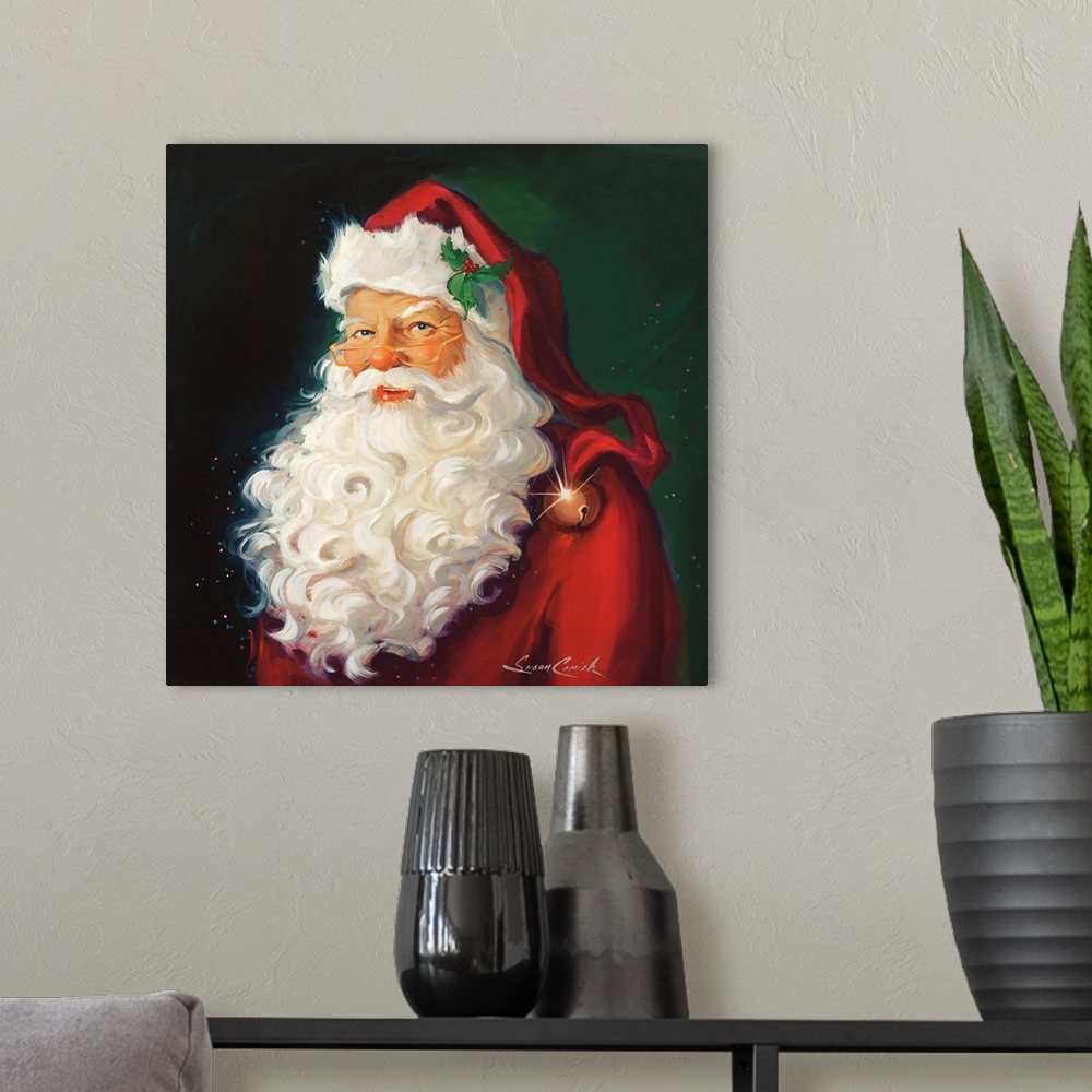 A modern room featuring Portrait of Santa with a white beard.