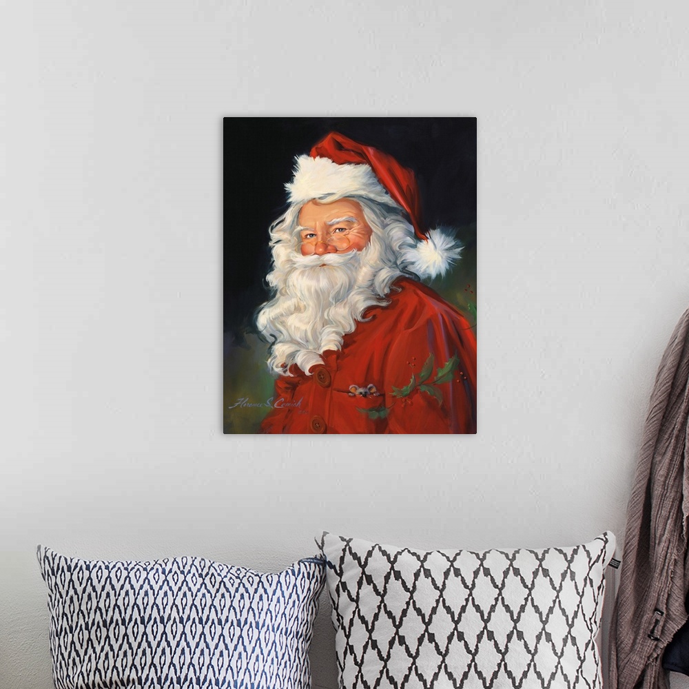 A bohemian room featuring Portrait of Santa Claus with a dark background.