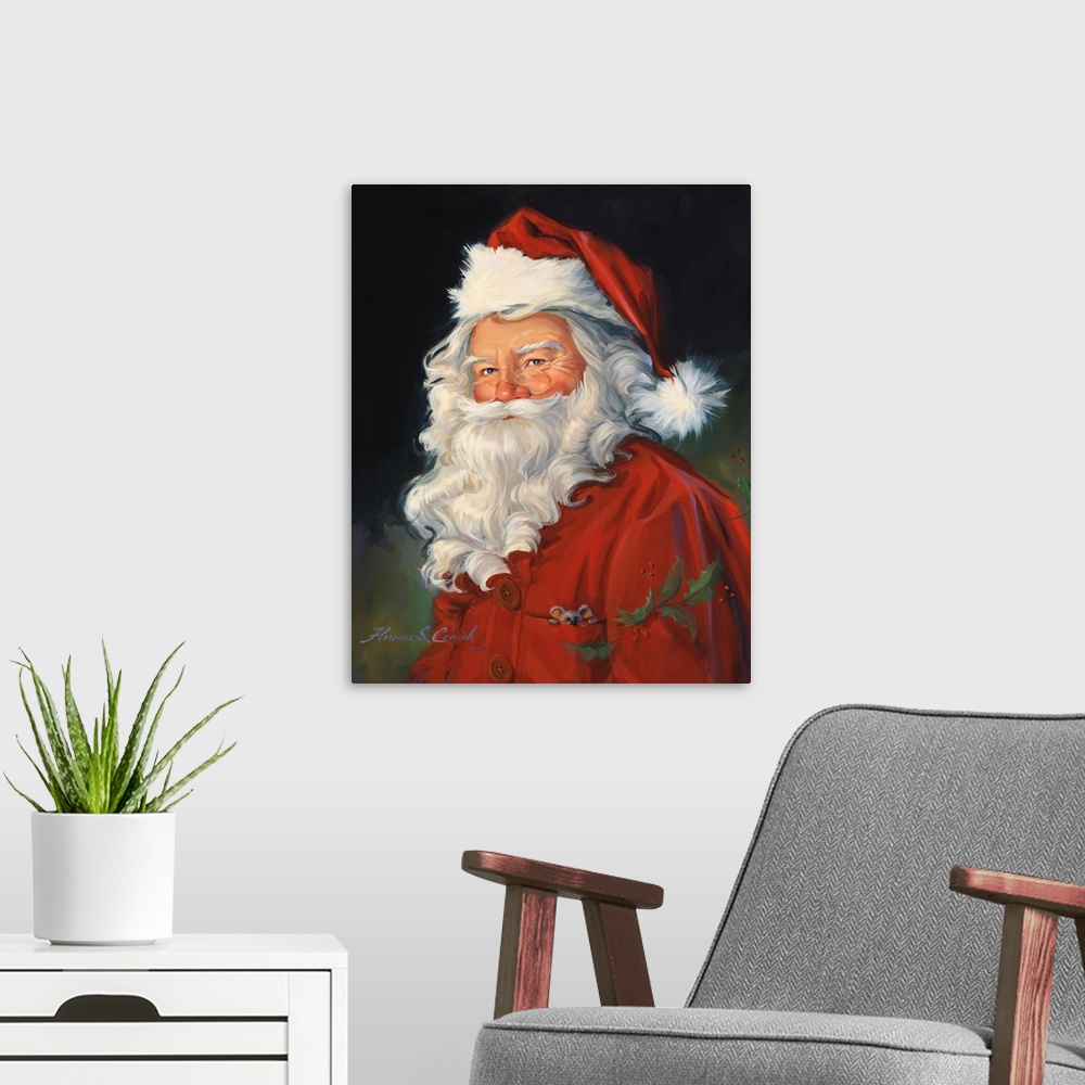 A modern room featuring Portrait of Santa Claus with a dark background.