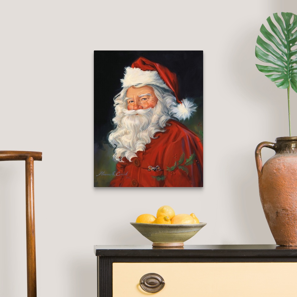 A traditional room featuring Portrait of Santa Claus with a dark background.
