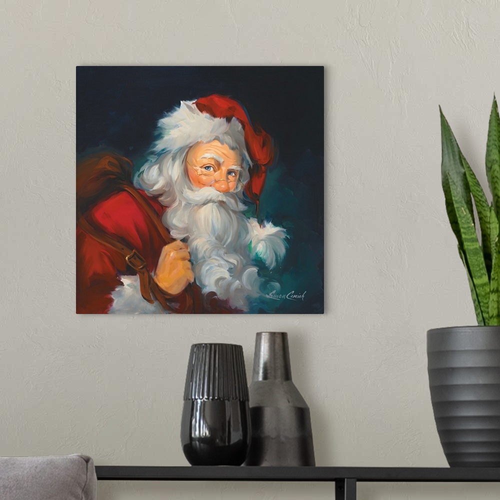 A modern room featuring Close up portrait of Santa Claus.