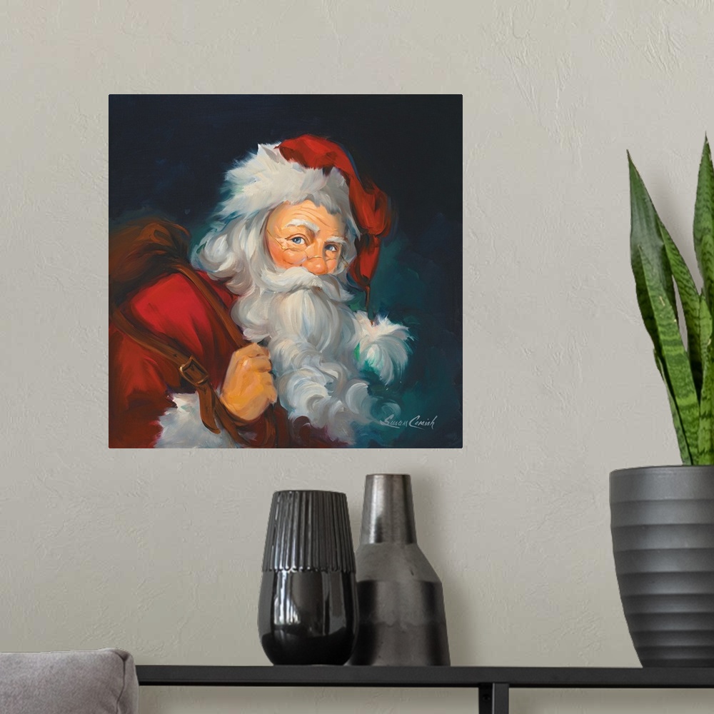 A modern room featuring Close up portrait of Santa Claus.