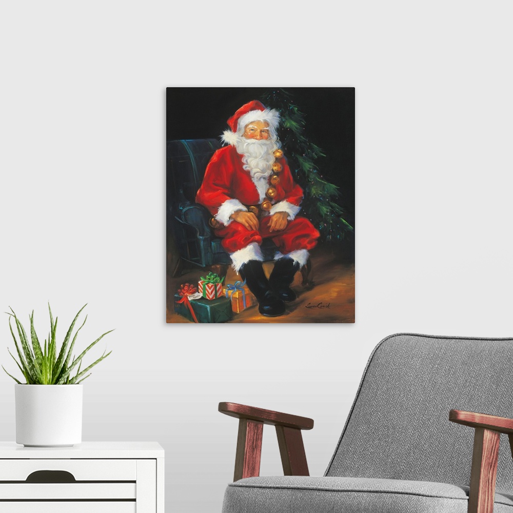 A modern room featuring Portrait of Santa Claus sitting by a tree with presents.