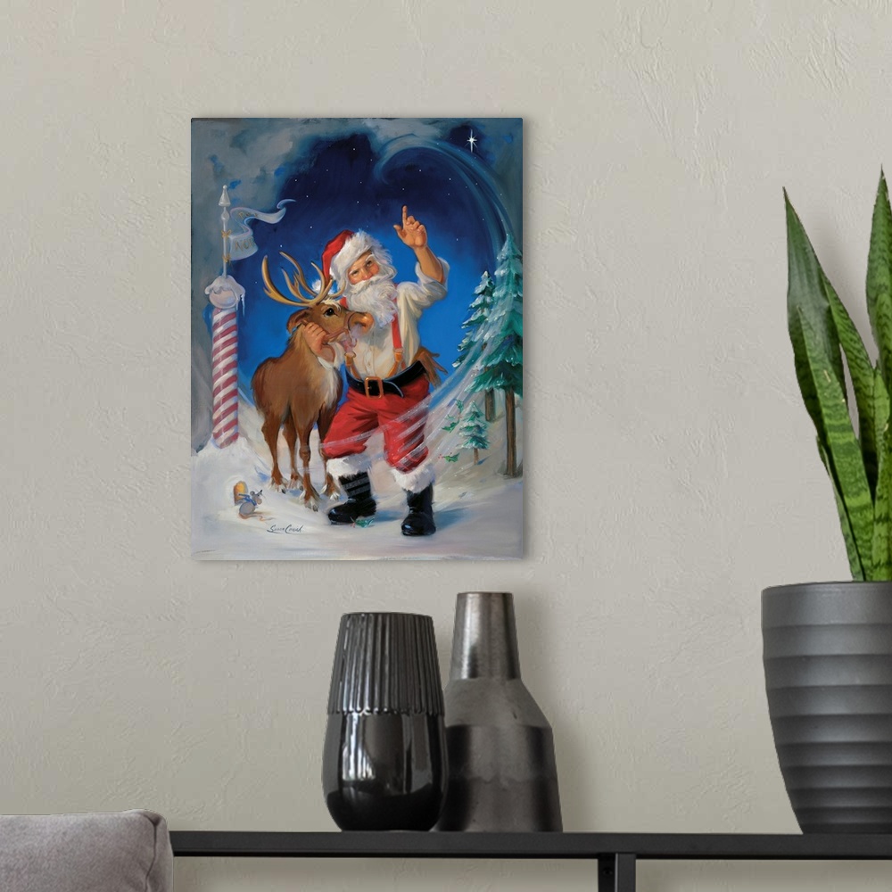 A modern room featuring Santa and Reindeer