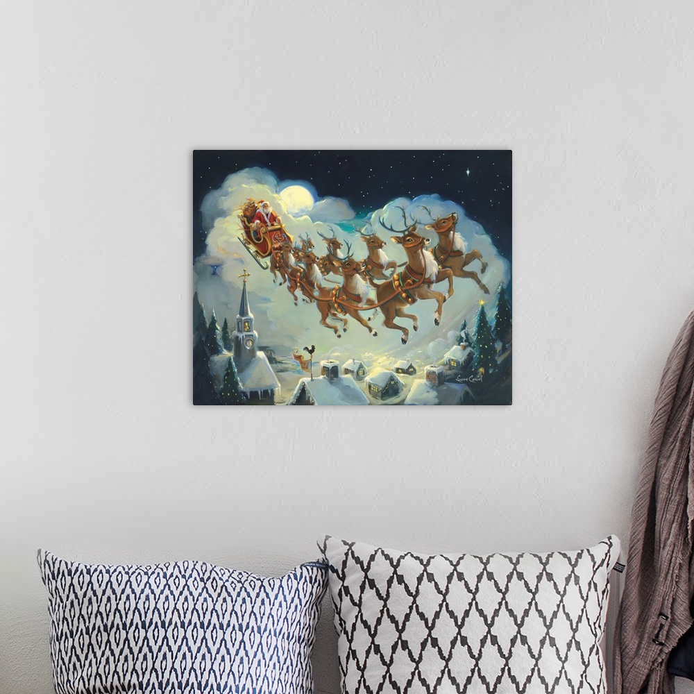 A bohemian room featuring Painting of Santa and his reindeer flying over houses at night.