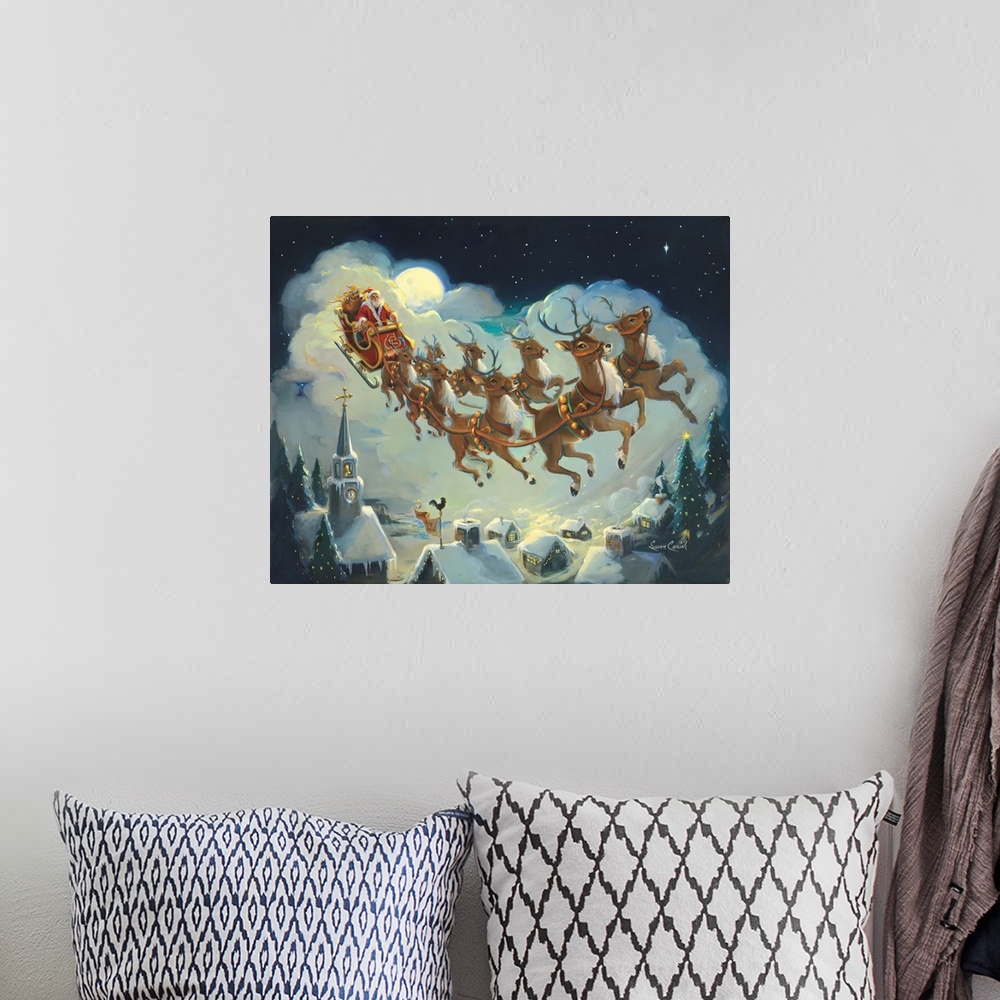 A bohemian room featuring Painting of Santa and his reindeer flying over houses at night.