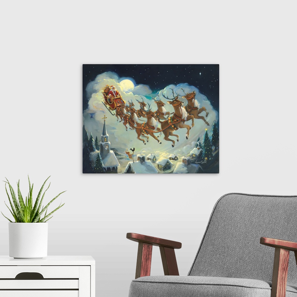 A modern room featuring Painting of Santa and his reindeer flying over houses at night.