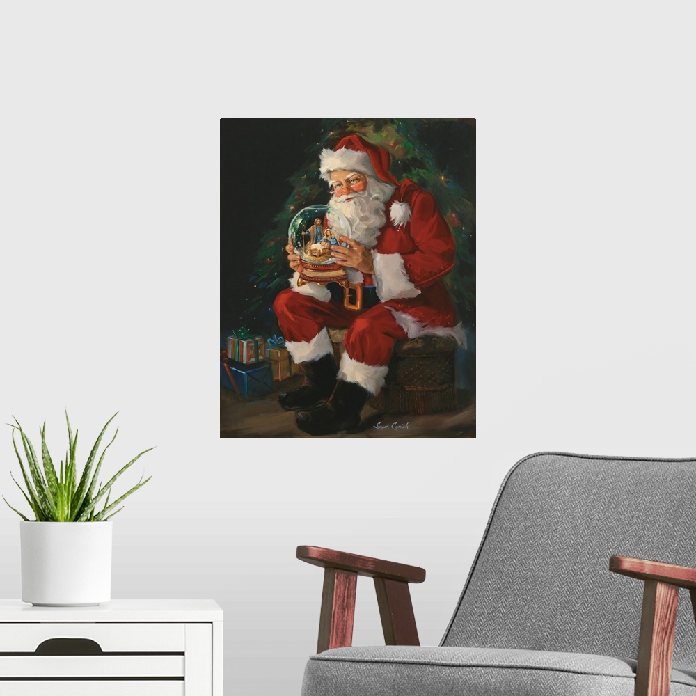A modern room featuring Decor for the holiday season of Santa holding a large snow globe with a Nativity scene and baby J...