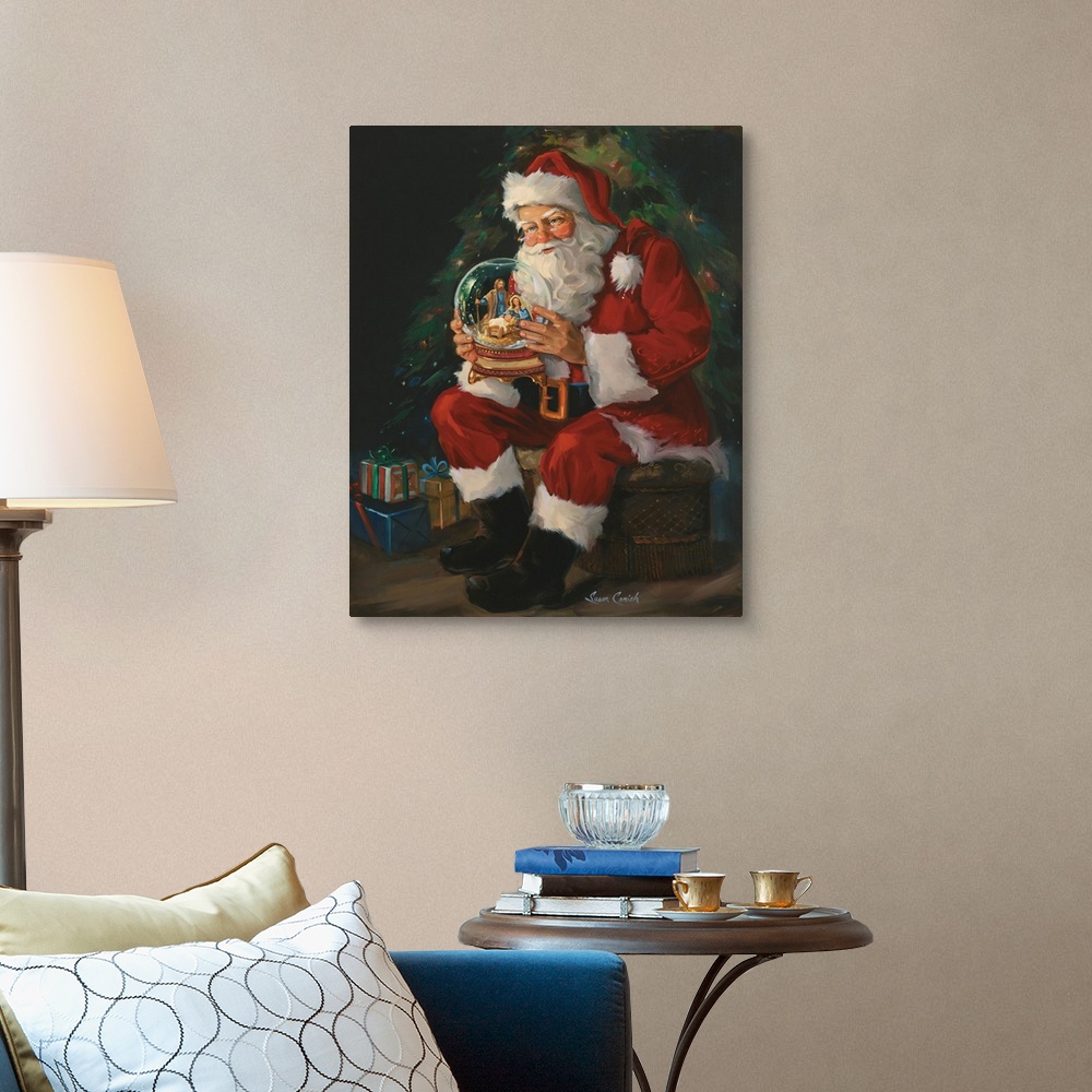 A traditional room featuring Decor for the holiday season of Santa holding a large snow globe with a Nativity scene and baby J...