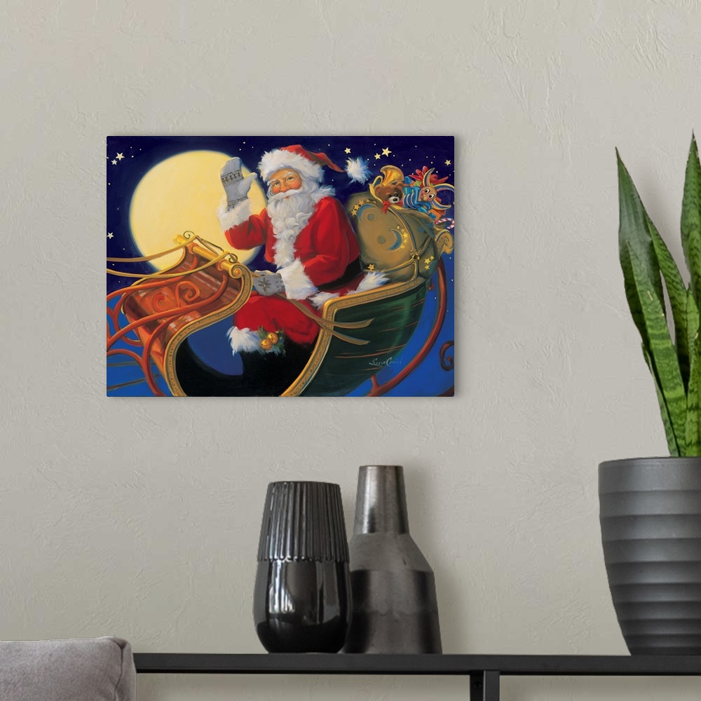 A modern room featuring Painting of Santa Claus waving from his sleigh at night.