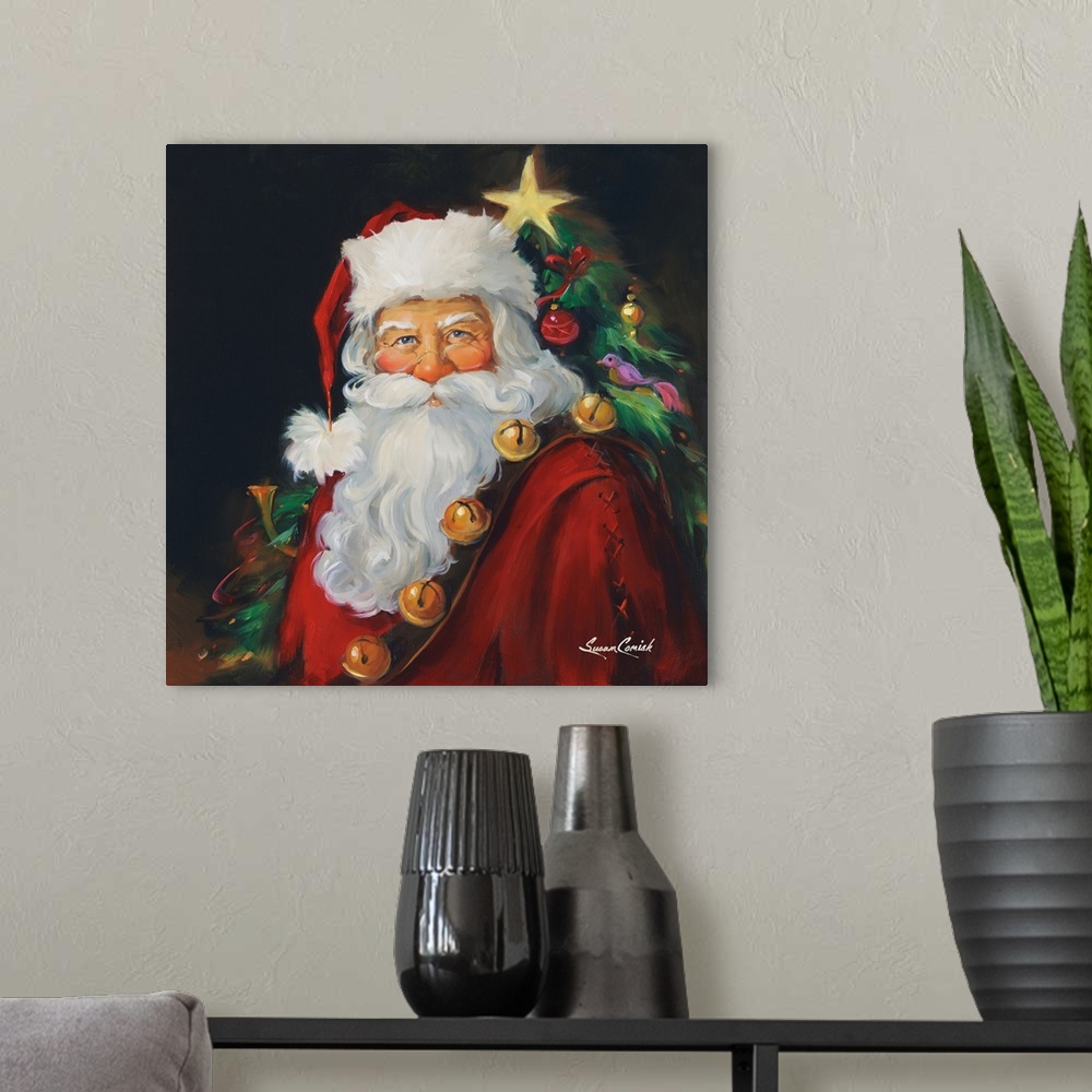 A modern room featuring Portrait of Santa with a tree in the background.