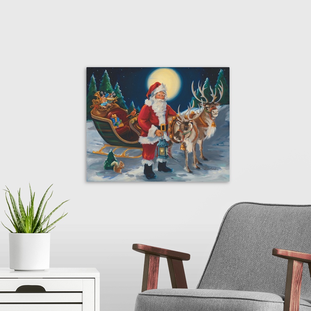 A modern room featuring Painting of Santa Claus holding a lantern and standing by his sleigh with reindeer.