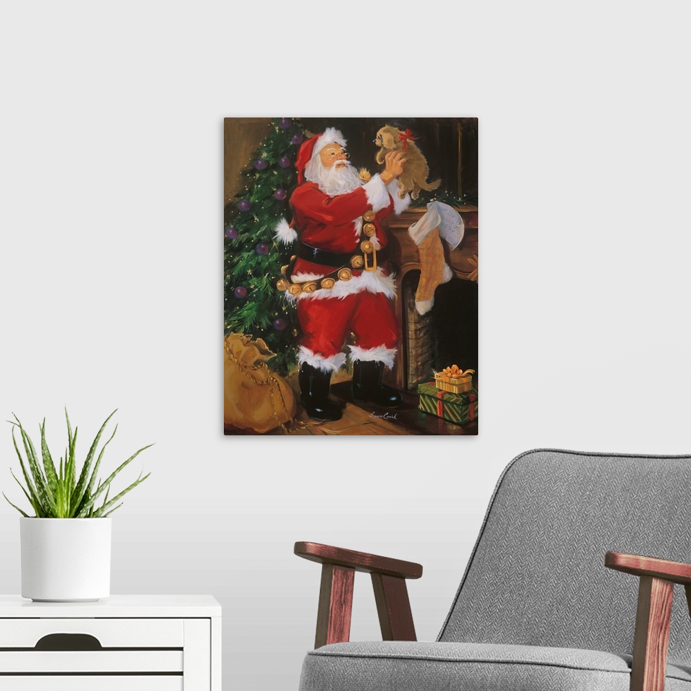 A modern room featuring Painting of Santa holding a puppy in front of  Christmas tree.