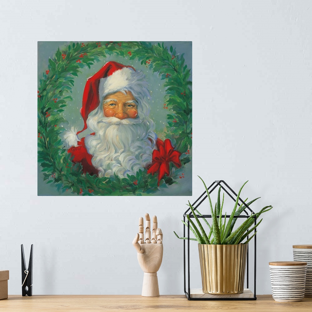 A bohemian room featuring Portrait of Santa surrounded by a wreath.