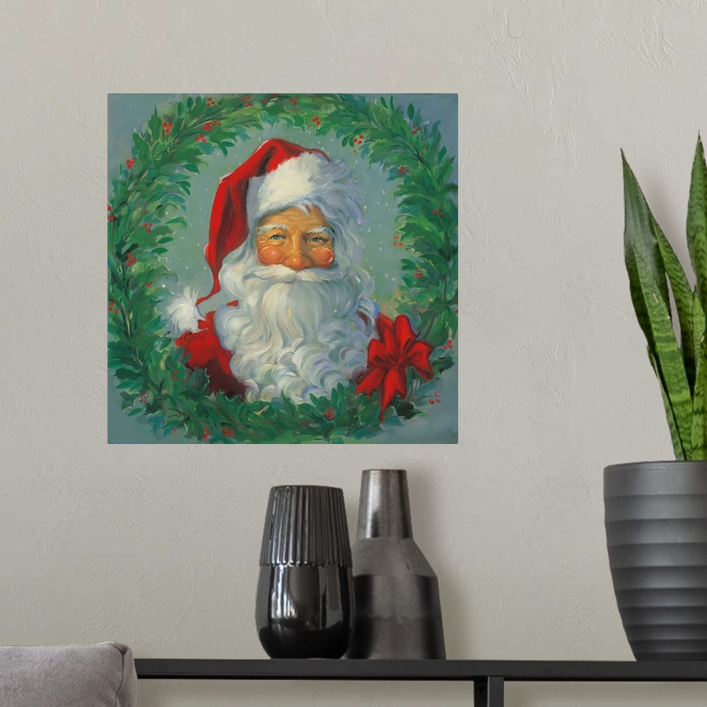 A modern room featuring Portrait of Santa surrounded by a wreath.