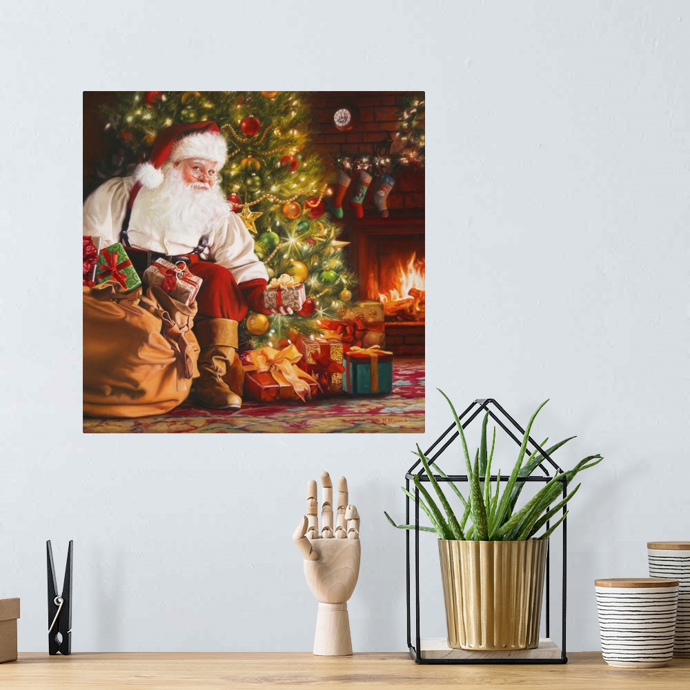 A bohemian room featuring Santa pulling gifts out of his bag.