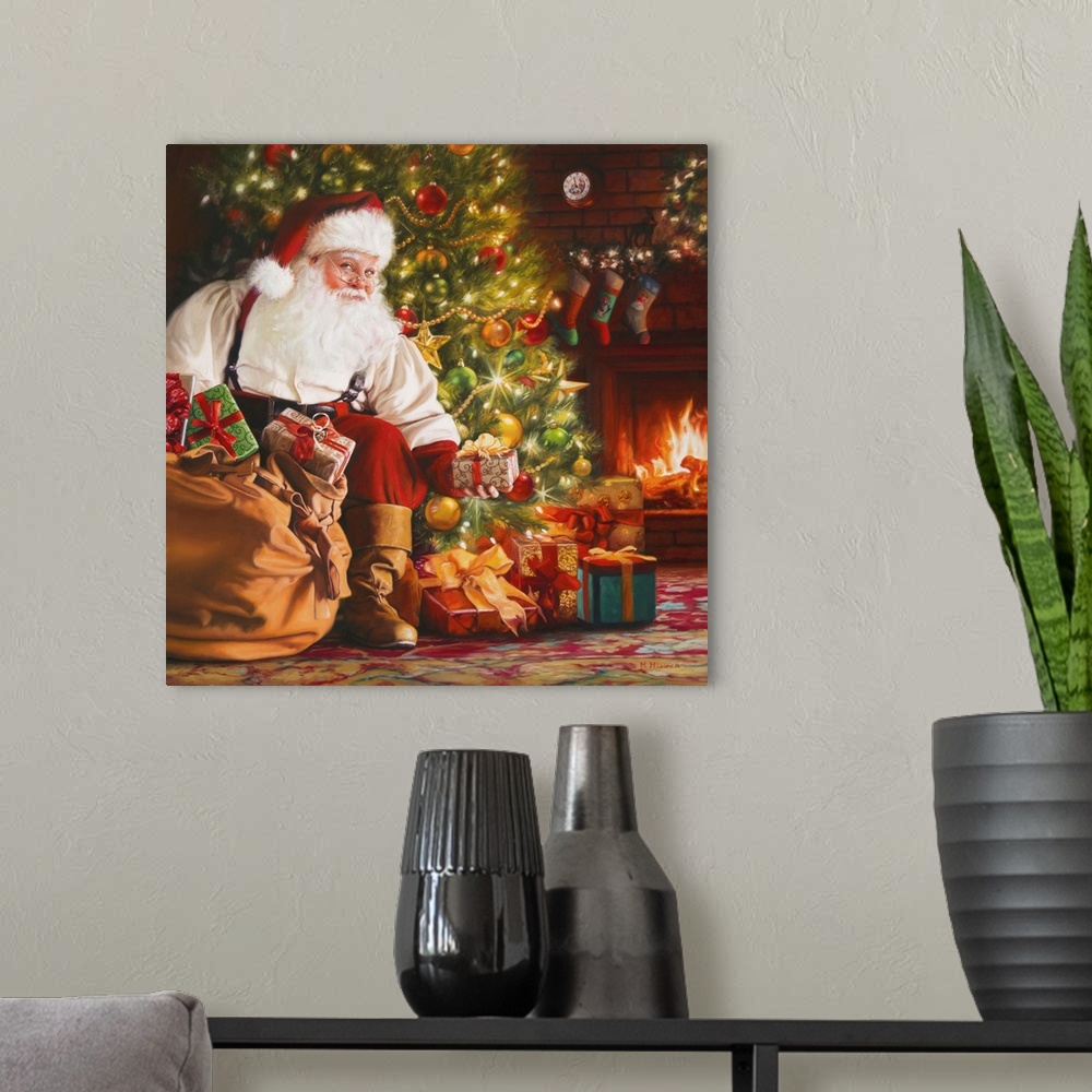 A modern room featuring Santa pulling gifts out of his bag.