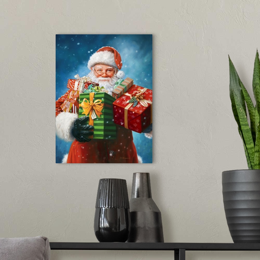 A modern room featuring Santa delivering presents.