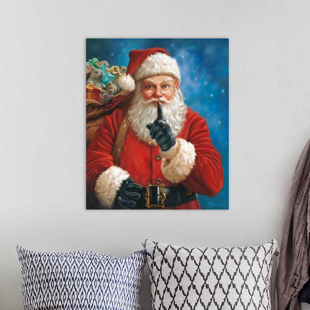 A bohemian room featuring Contemporary painting of Santa Claus carrying his sack of toys on a blue background.