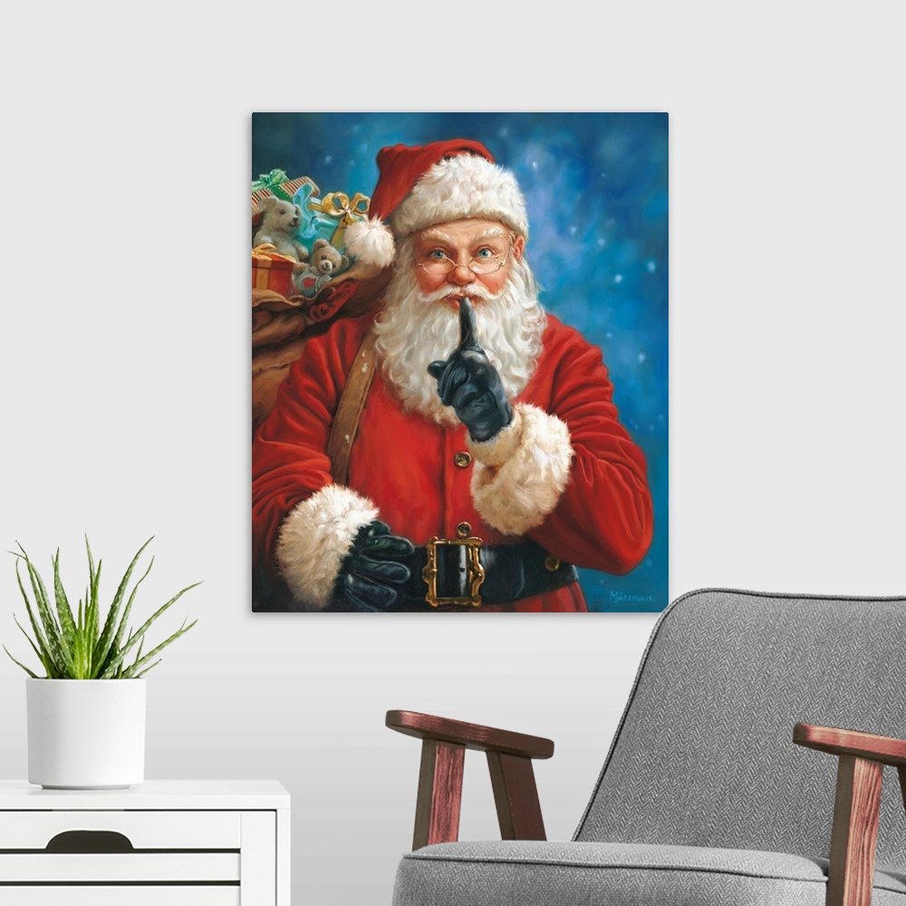A modern room featuring Contemporary painting of Santa Claus carrying his sack of toys on a blue background.