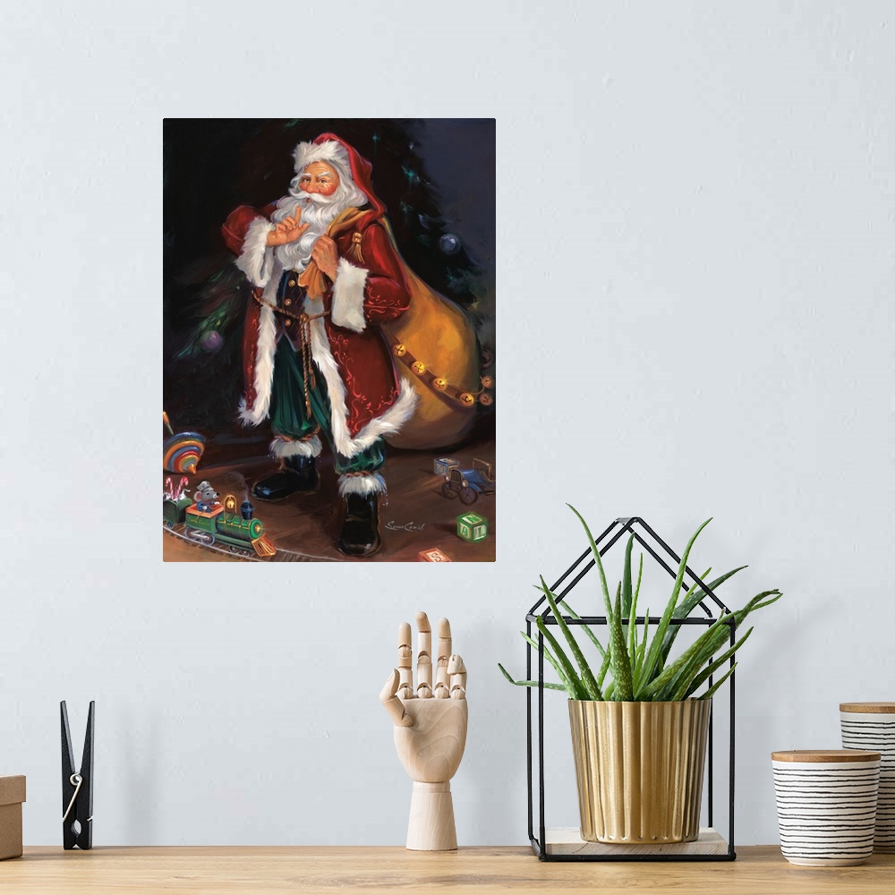 A bohemian room featuring Fine art painting of Santa Claus wearing a red coat with toys at his feet.