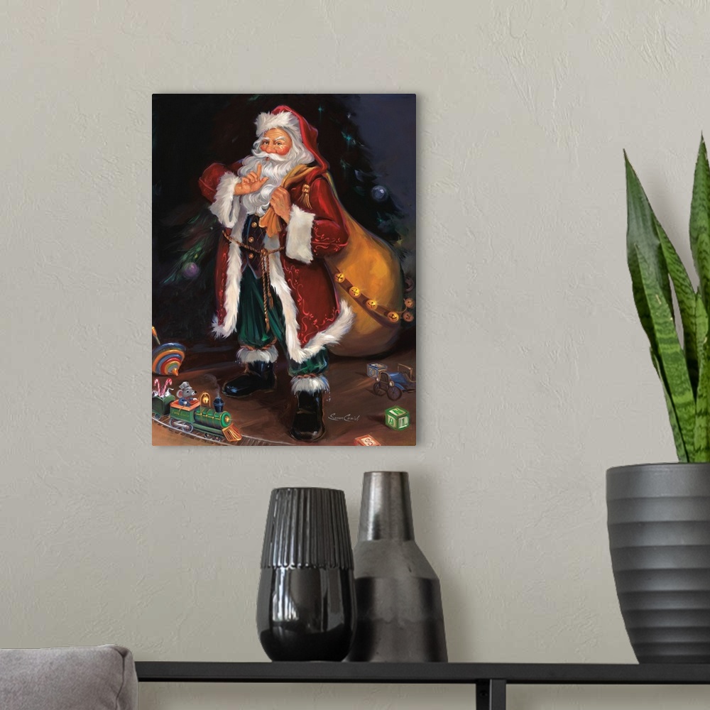 A modern room featuring Fine art painting of Santa Claus wearing a red coat with toys at his feet.