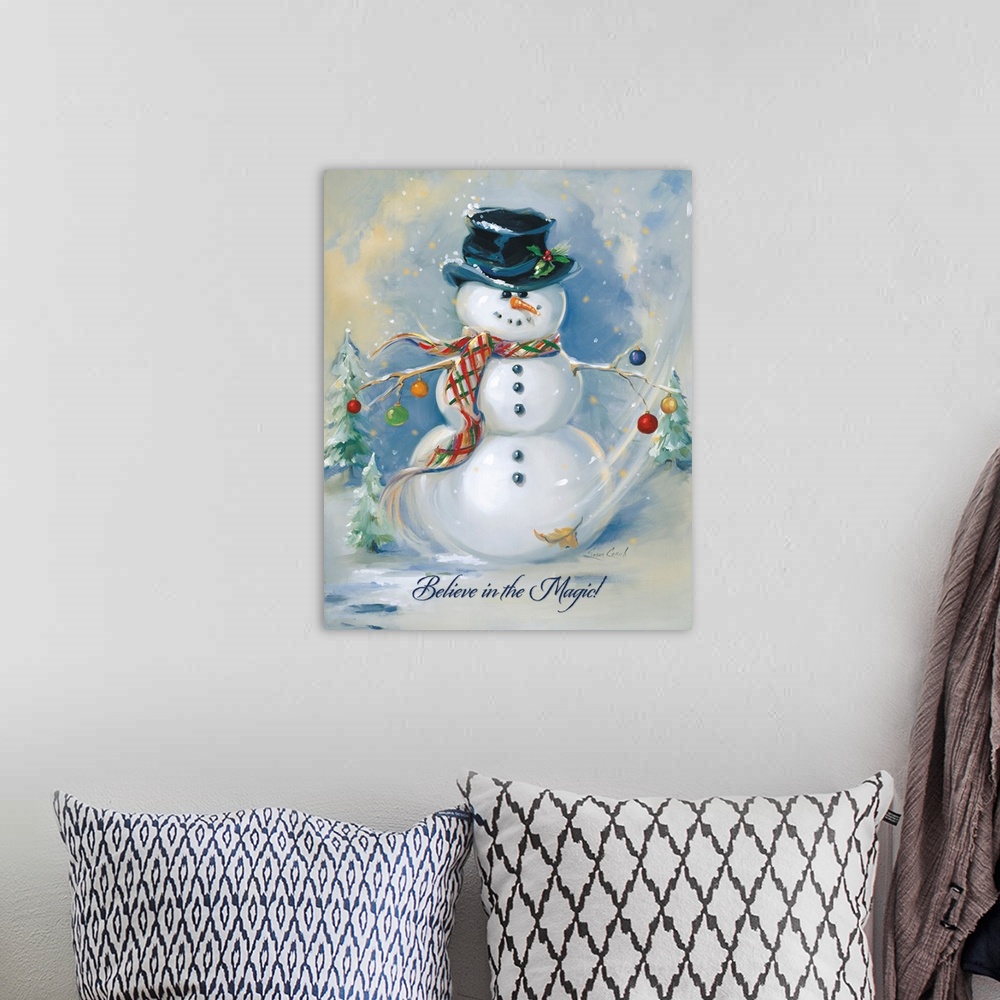 A bohemian room featuring Painting of a snowman with trees and a blue background.