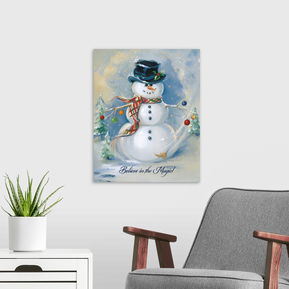 A modern room featuring Painting of a snowman with trees and a blue background.
